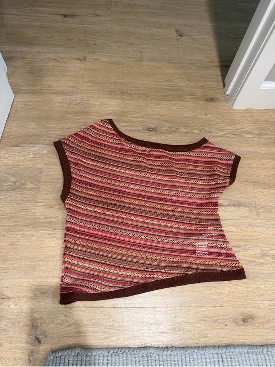 SHEIN Tops - Off-the-shoulder Crochet Striped Knit Top - Pink & Brown